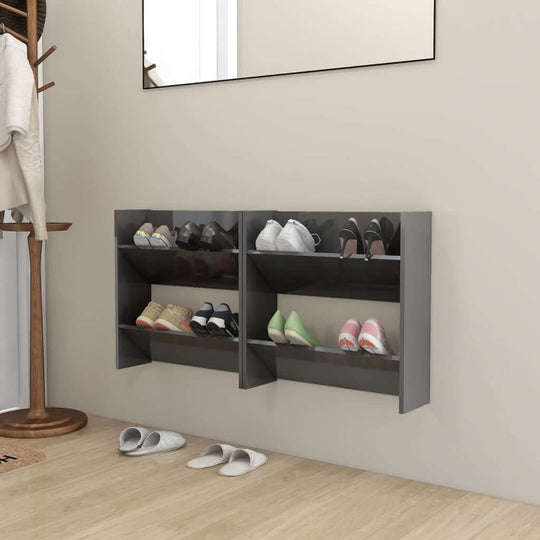 Affordable high gloss grey wall-mounted shoe cabinets with 2 tipping shelves for organized footwear storage in living space.