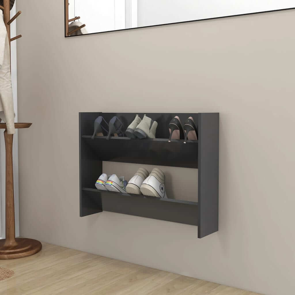 Grey wall-mounted shoe cabinet with two shelves for organizing shoes. Space-saving, affordable, quality engineered wood design.