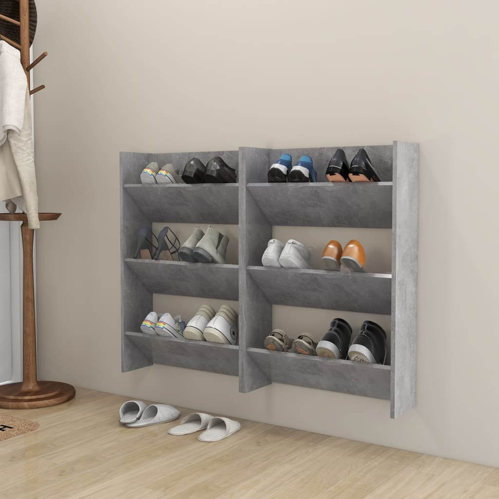 Affordable concrete grey wall shoe cabinets with 3 tipping shelves, organizing shoes and saving space. Quality engineered wood design.