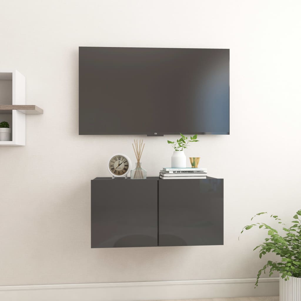 High gloss grey hanging TV cabinet with a modern design, perfect for storage and decor, offering affordable quality and value, measuring 60x30x30 cm.