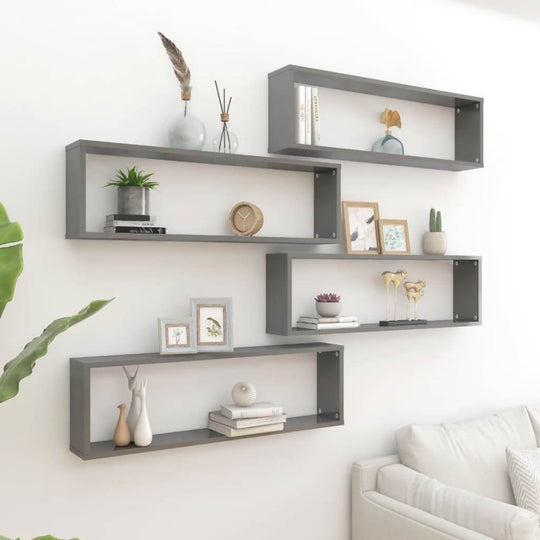 Wall Cube Shelves 4 pcs High Gloss Grey 100x15x30 cm Engineered Wood