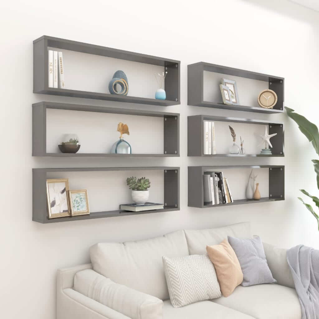 Wall Cube Shelves 6 pcs High Gloss Grey 100x15x30 cm Engineered Wood