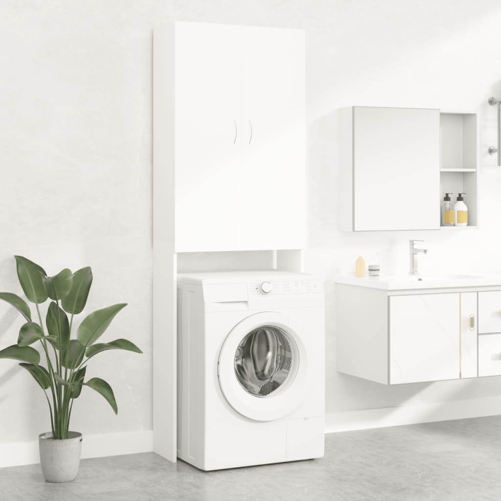 Affordable quality white washing machine cabinet 64x25.5x190 cm in a modern bathroom with plants and storage compartments.