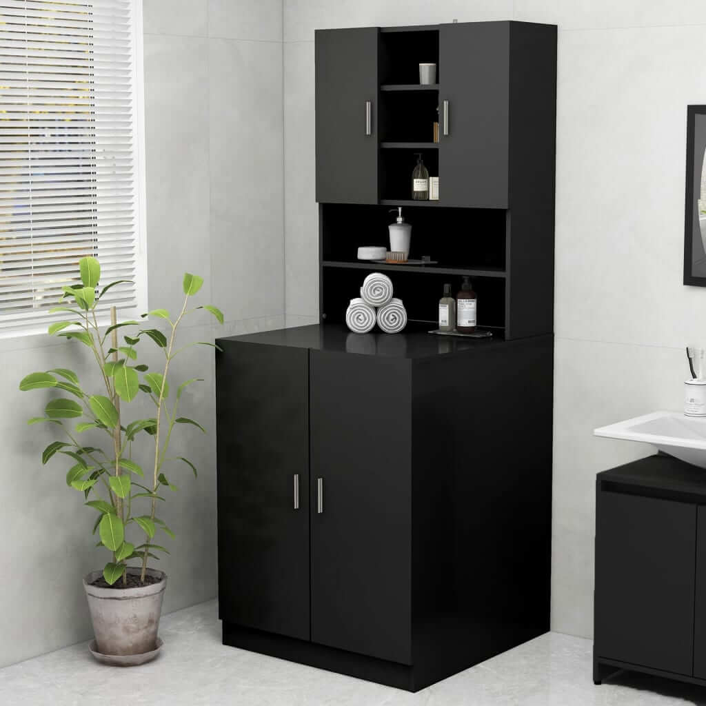 Black washing machine cabinet with 2 doors and multiple compartments offering affordable, quality storage in a sleek bathroom setting.