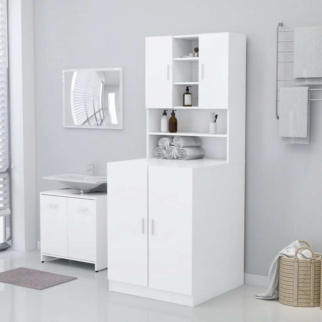 Washing machine cabinet white 71x71.5x91.5 cm in a modern bathroom, offering affordable quality storage with clean lines and sleek design.