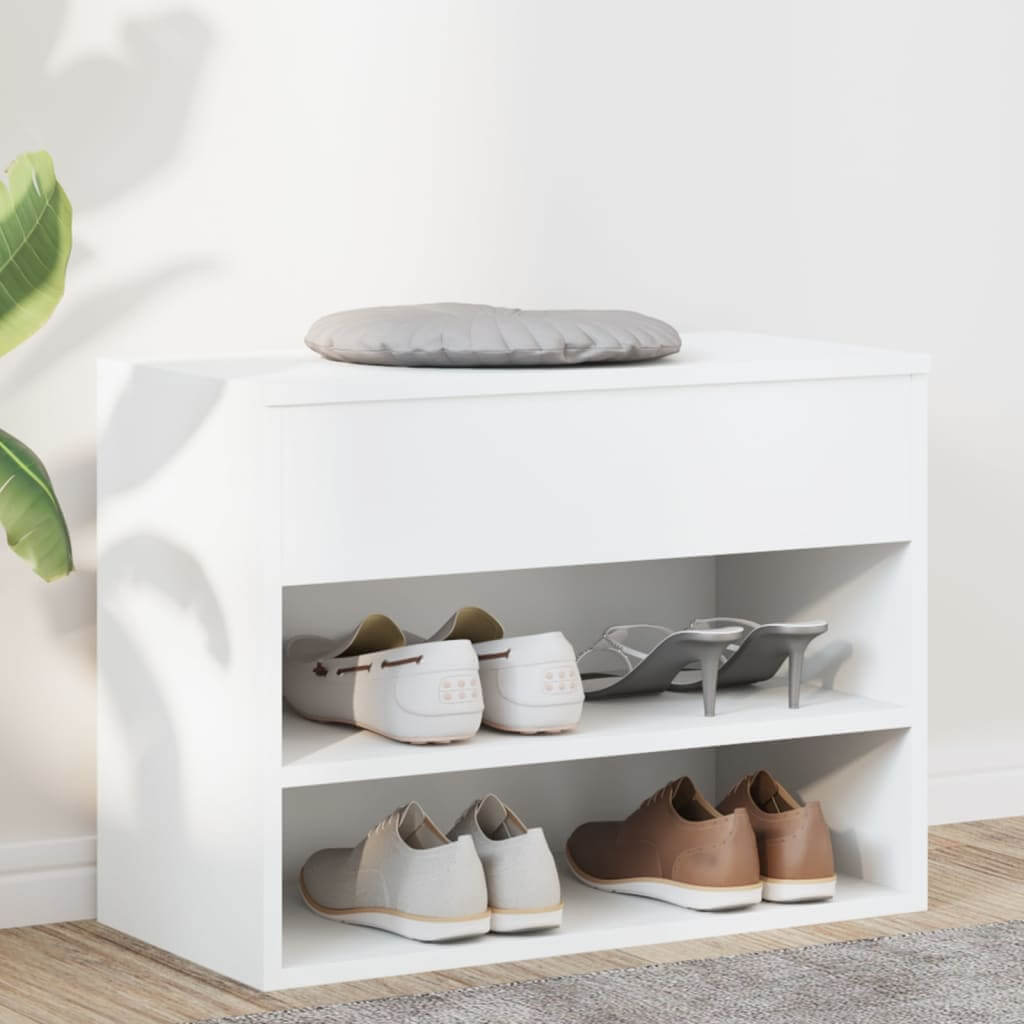 White engineered wood shoe bench with ample storage, two shelves, and cushioned top, ideal for affordable, quality organizing on a budget.