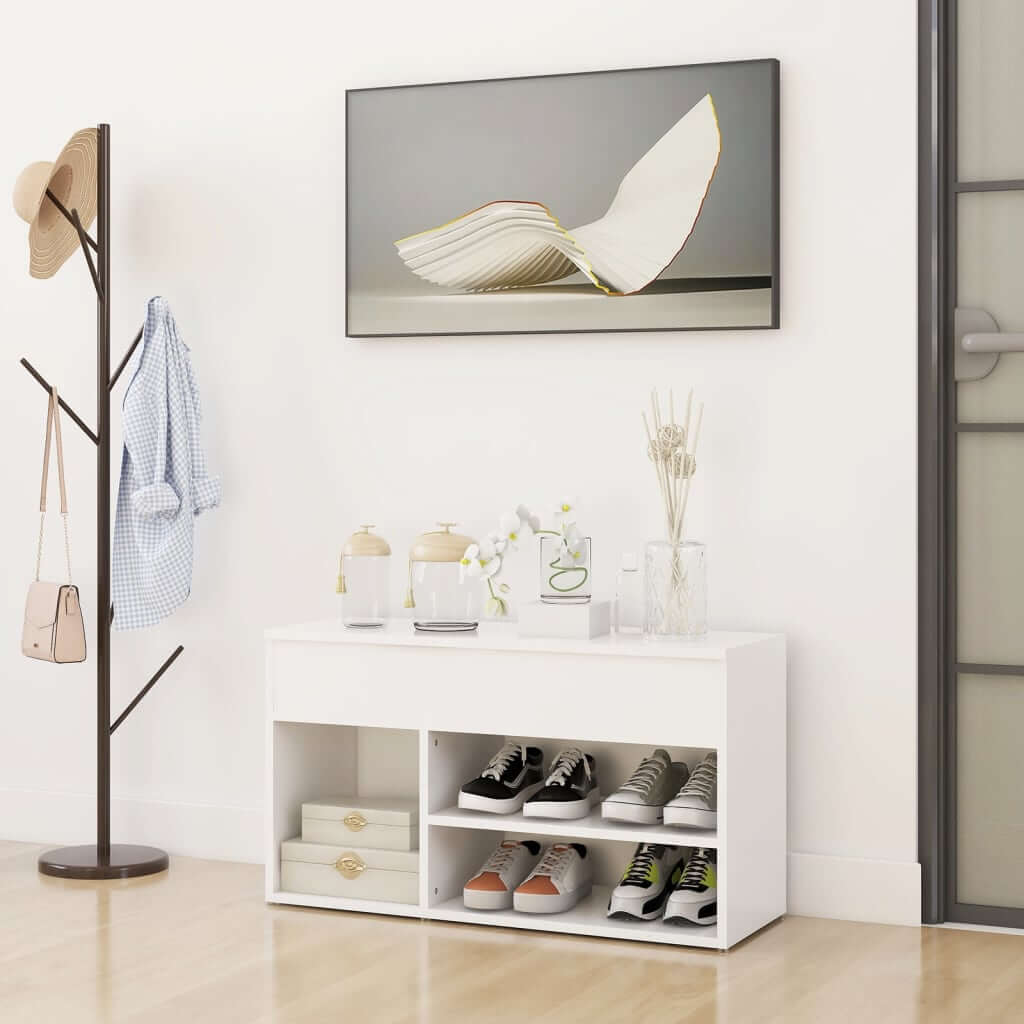 White engineered wood shoe bench with storage shelves and a smooth top in a modern interior setting, highlighting budget-friendly quality.