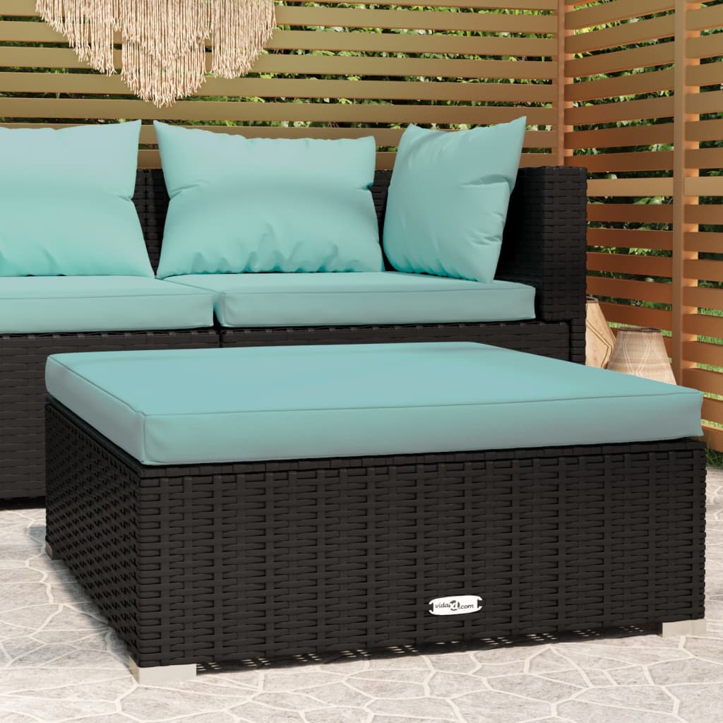 Garden Footrest with Cushion Black 70x70x30 cm Poly Rattan