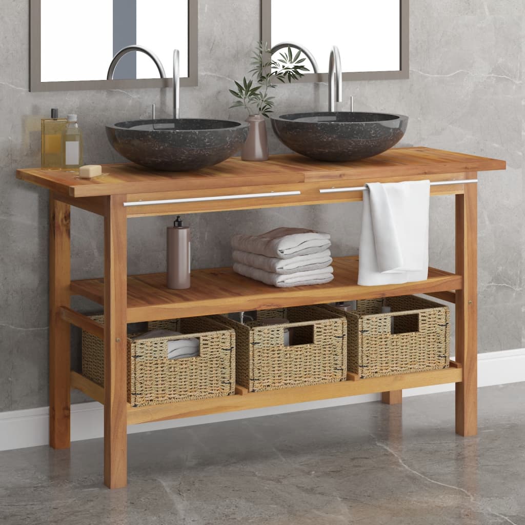 Bathroom Vanity Cabinet with Black Marble Sinks Solid Wood Teak