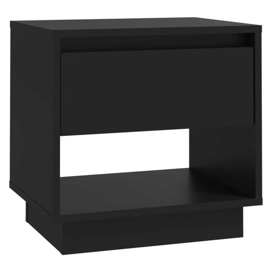 Affordable and quality black bedside cabinet with drawer and open compartment, made of engineered wood, measuring 45x34x44 cm.