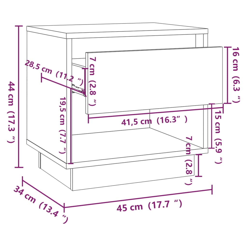 Dimensions diagram of a black bedside cabinet with measurements 45x34x44 cm, featuring one drawer and an open compartment.