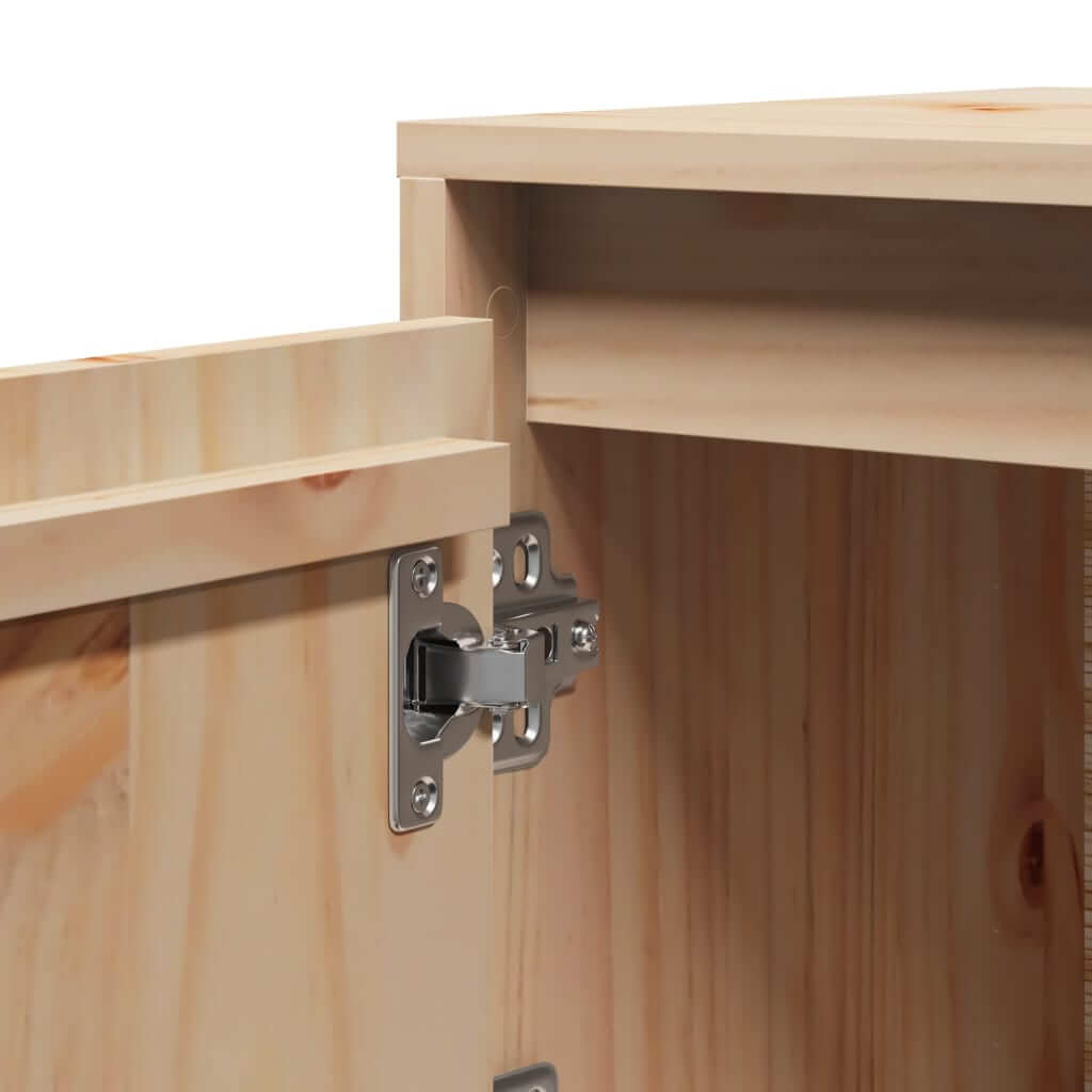 Close-up of solid pinewood bedside cabinet hinge showcasing quality and affordable craftsmanship.