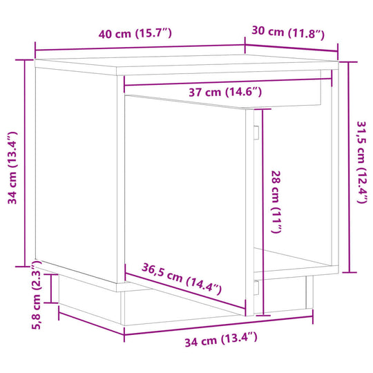 Dimensions of wooden bedside cabinets 40x30x40 cm, illustrated with exact measurements in centimeters and inches.