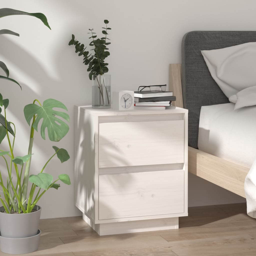 Affordable quality white wood bedside cabinet with two drawers, next to a bed and plants, measuring 40x35x50 cm.