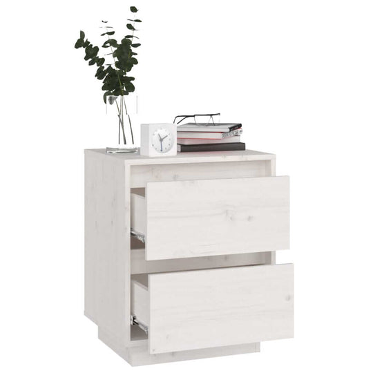 Affordable quality white bedside cabinet with two drawers made of solid pinewood, perfect for a modern room decor.