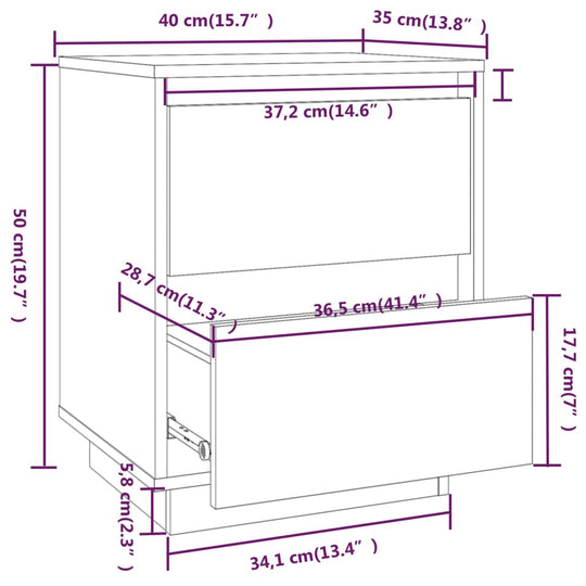 Dimensions diagram of white bedside cabinet with measurements in centimeters and inches, showcasing detailed measurements for height, width, and depth.