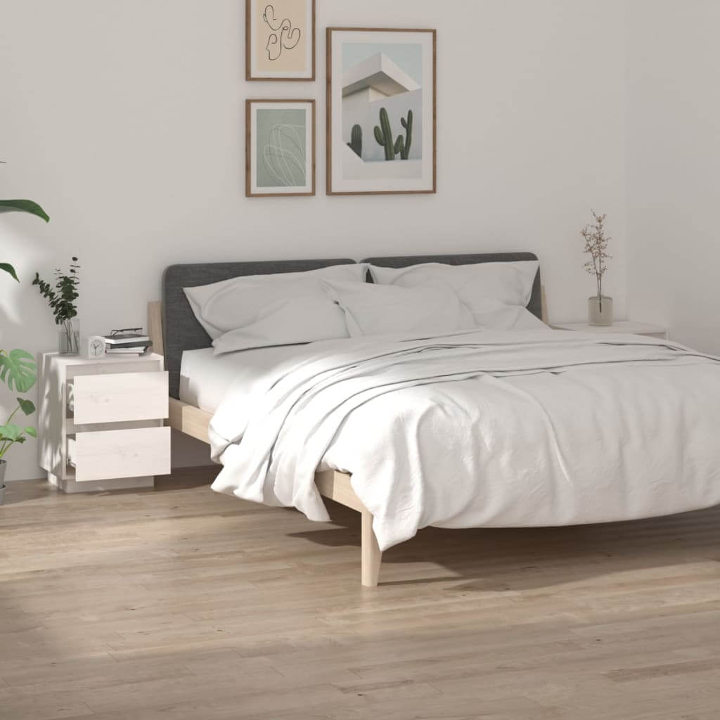 White bedroom with bed, wooden bedside cabinets, and minimalist decor for modern charm and functionality.