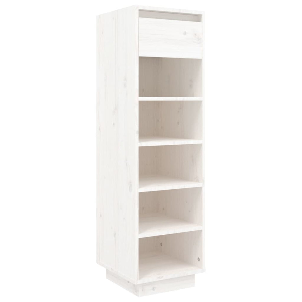 Affordable white shoe cabinet 30x34x105 cm with floating feet, solid pine wood, 5 compartments, 1 drawer, quality storage solution.