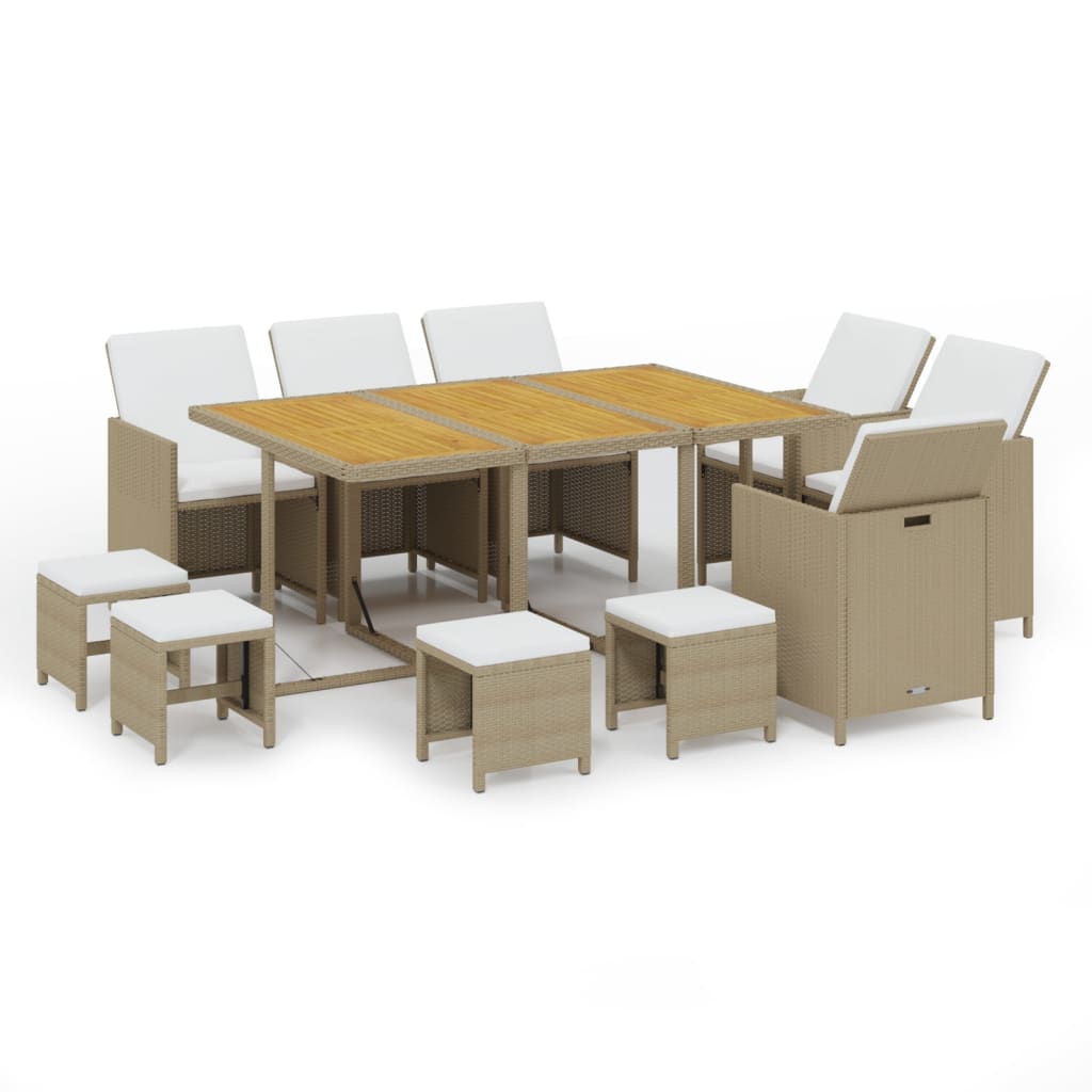 11 Piece Garden Dining Set with Cushions Poly Rattan Beige