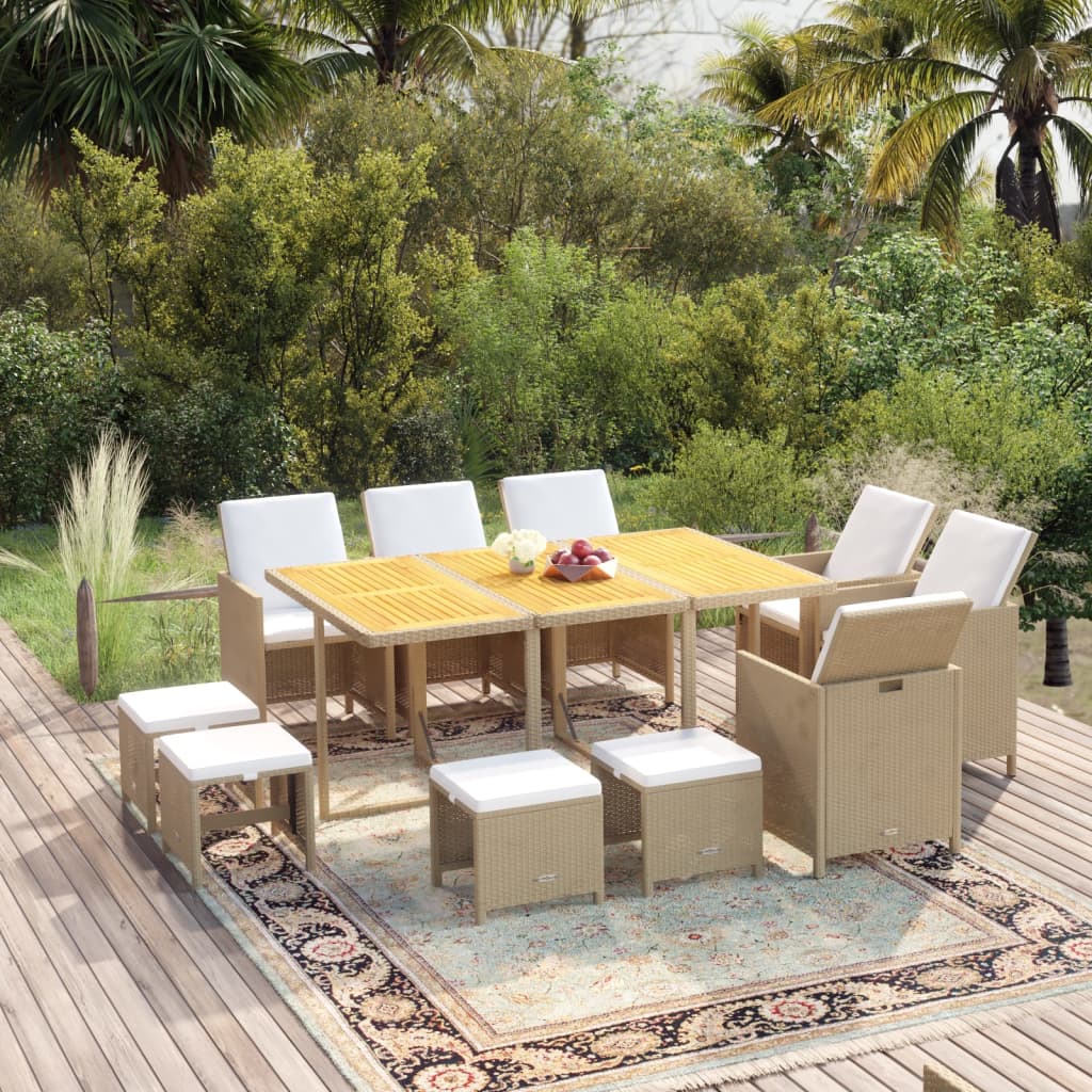 11 Piece Garden Dining Set with Cushions Poly Rattan Beige