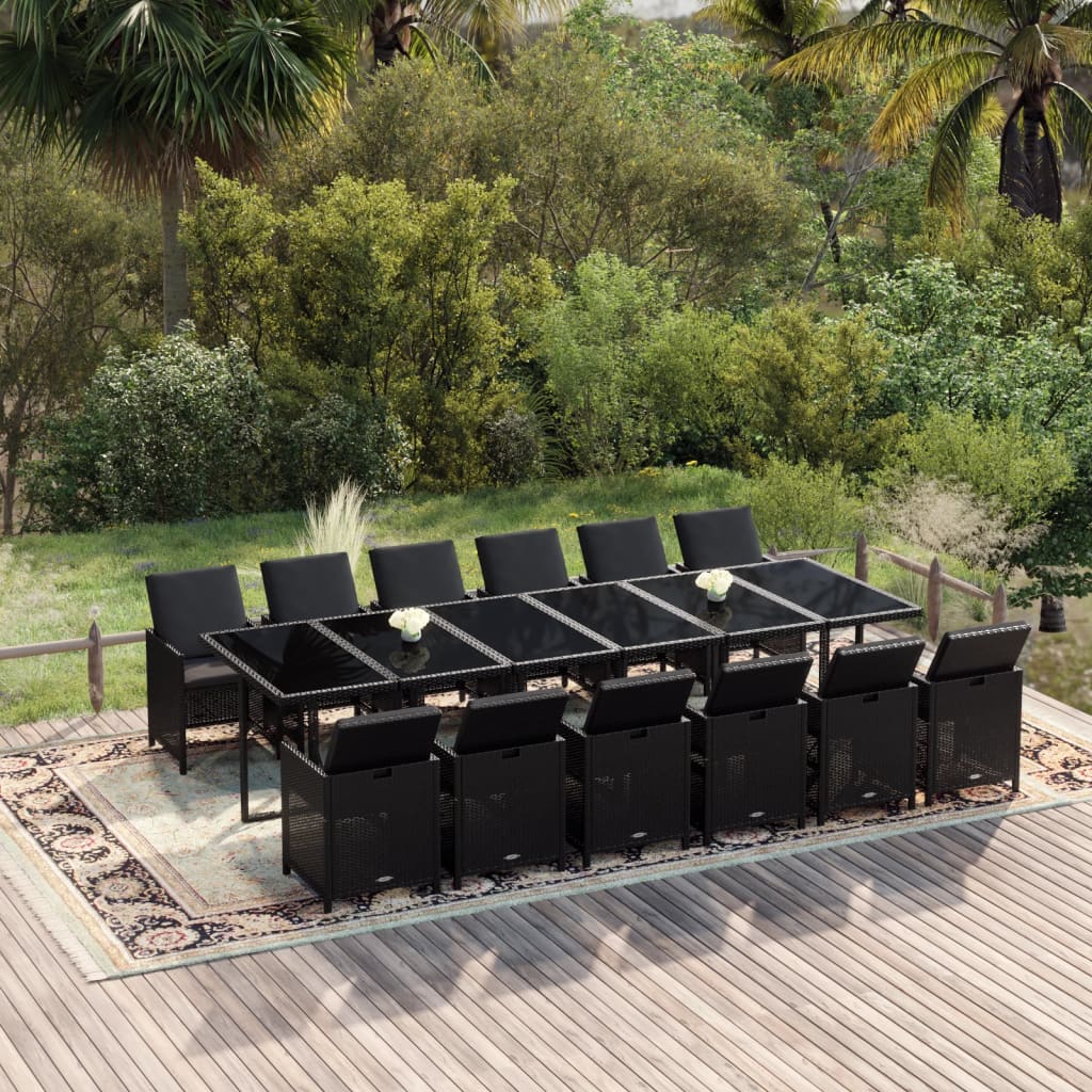 13 Piece Garden Dining Set with Cushions Poly Rattan Black