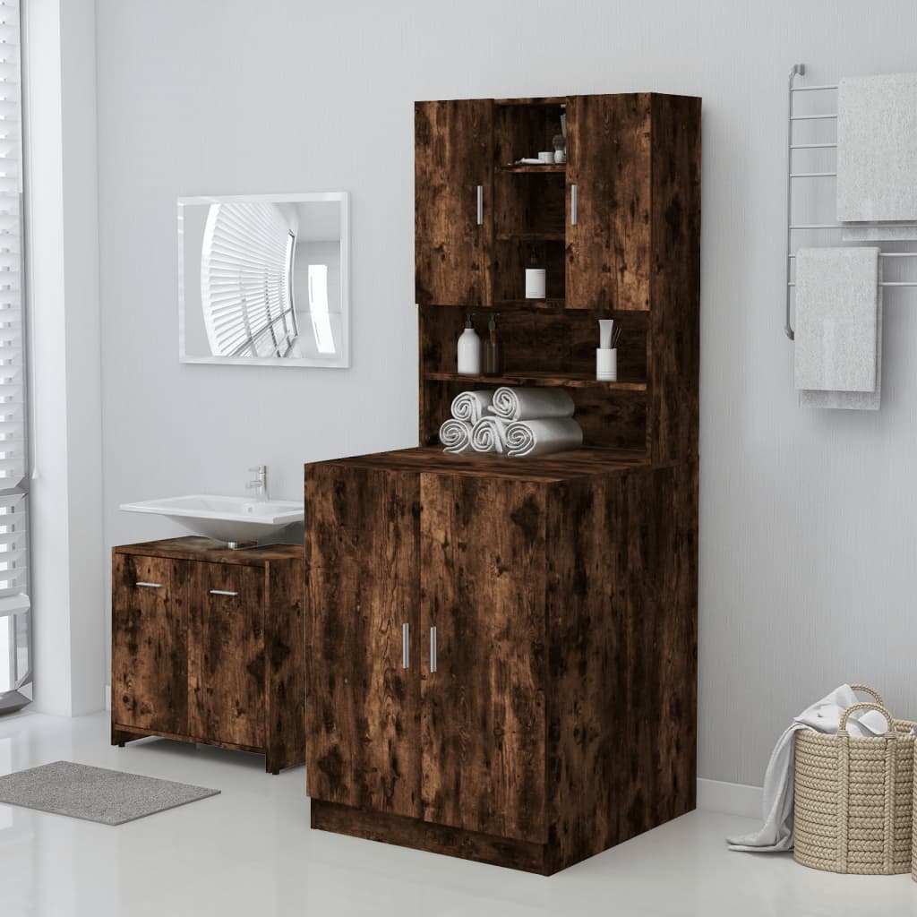 Affordable quality smoked oak washing machine cabinet with ample storage for bathroom organization.