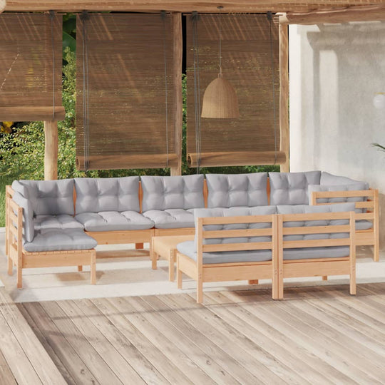 10 Piece Garden Lounge Set with Grey Cushions Solid Pinewood