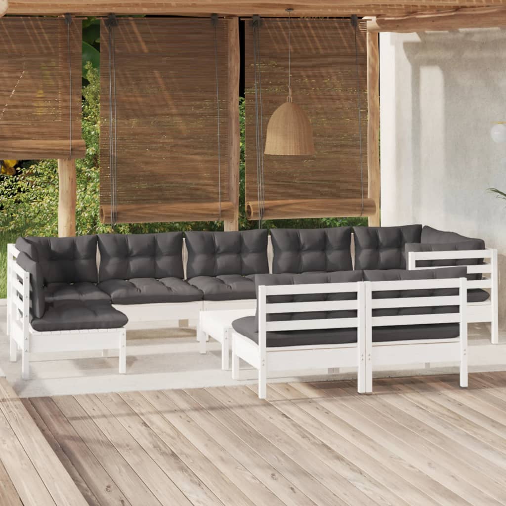 10 Piece Garden Lounge Set with Cushions White Solid Pinewood