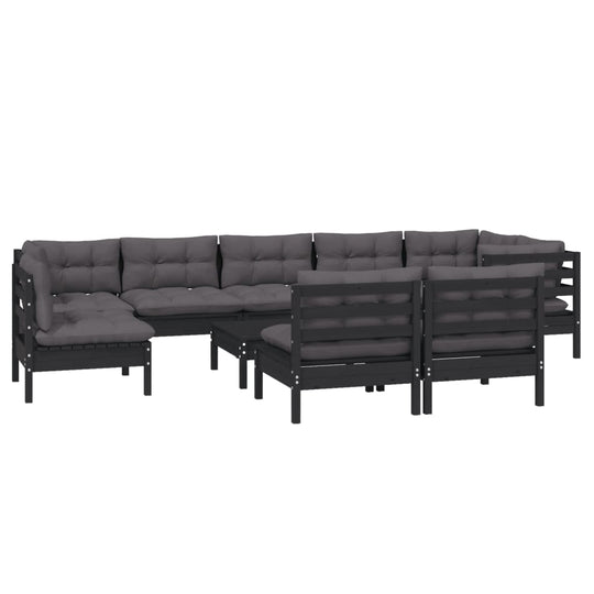 10 Piece Garden Lounge Set with Cushions Black Solid Pinewood