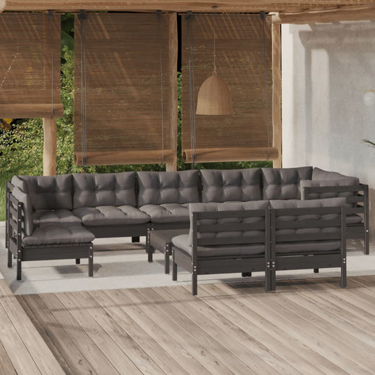 10 Piece Garden Lounge Set with Cushions Black Solid Pinewood