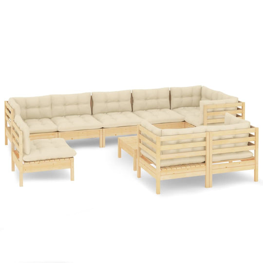 10 Piece Garden Lounge Set with Cream Cushions Solid Pinewood