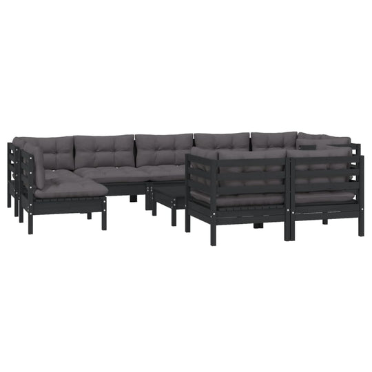 10 Piece Garden Lounge Set with Cushions Black Solid Pinewood