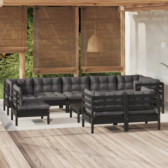 10 Piece Garden Lounge Set with Cushions Black Solid Pinewood