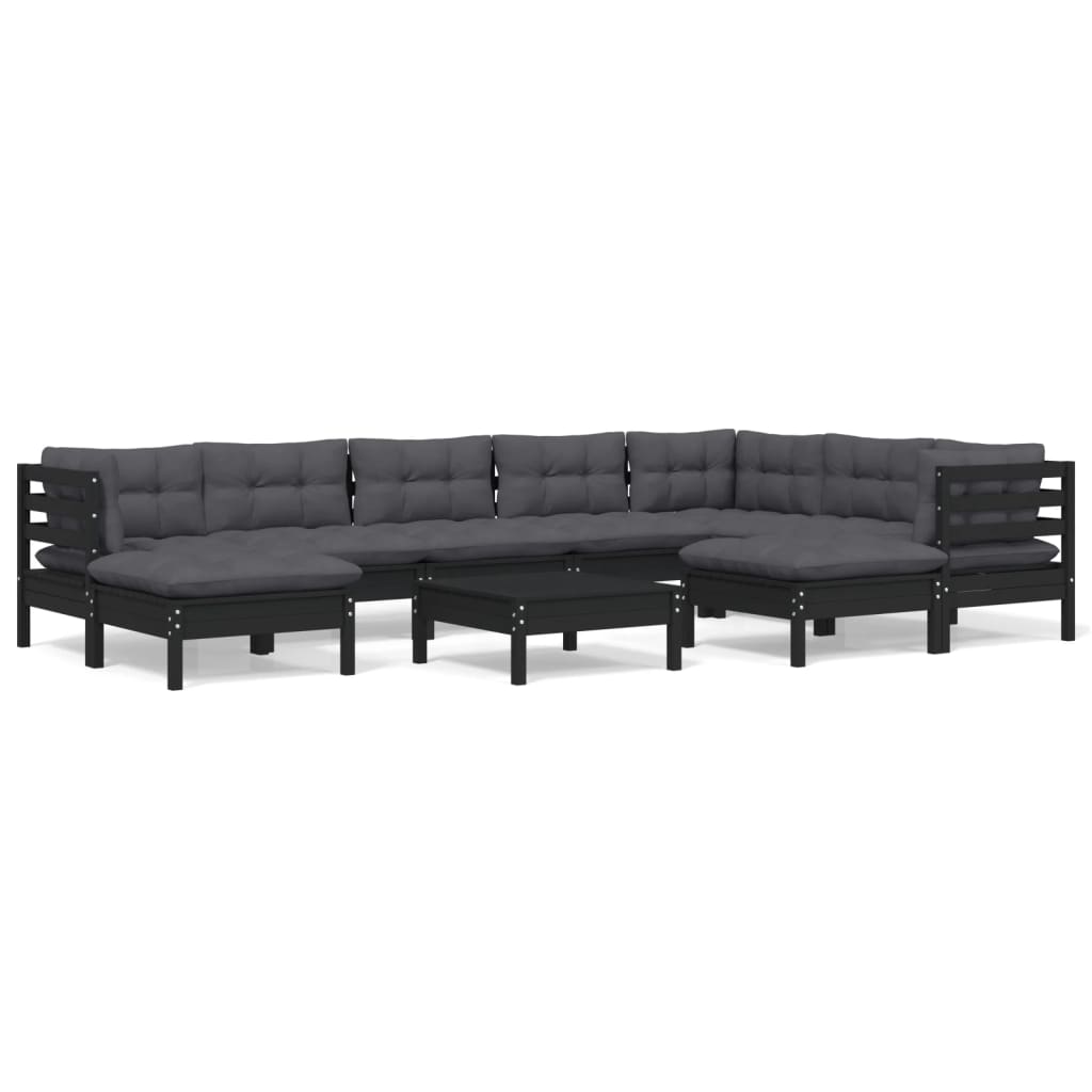 10 Piece Garden Lounge Set with Cushions Black Solid Pinewood