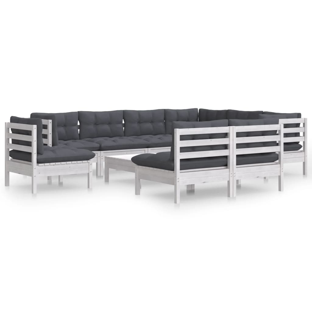 10 Piece Garden Lounge Set with Cushions White Solid Pinewood