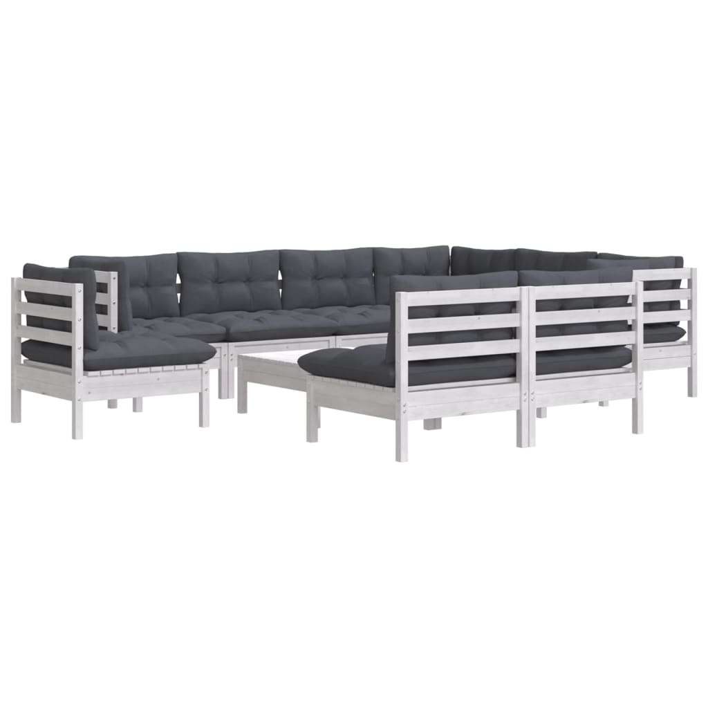 10 Piece Garden Lounge Set with Cushions White Solid Pinewood