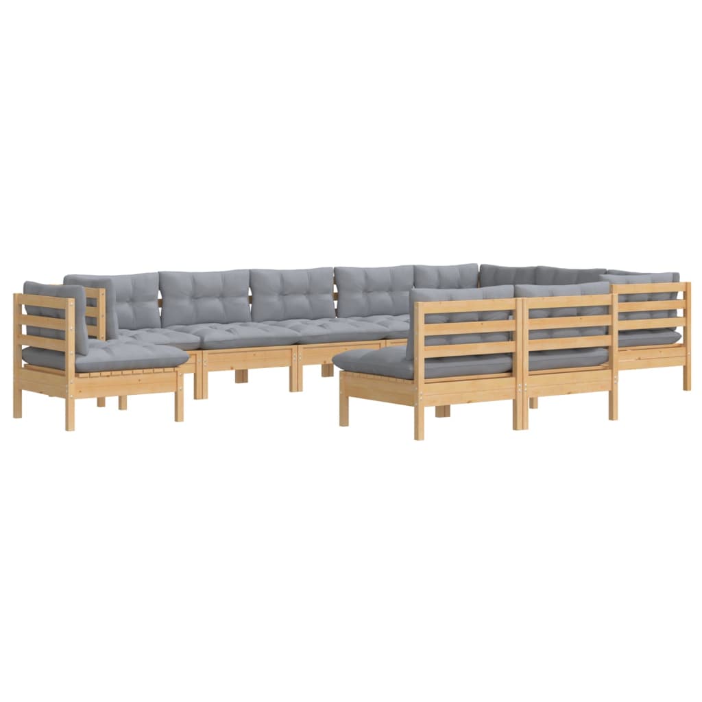 10 Piece Garden Lounge Set with Grey Cushions Solid Pinewood