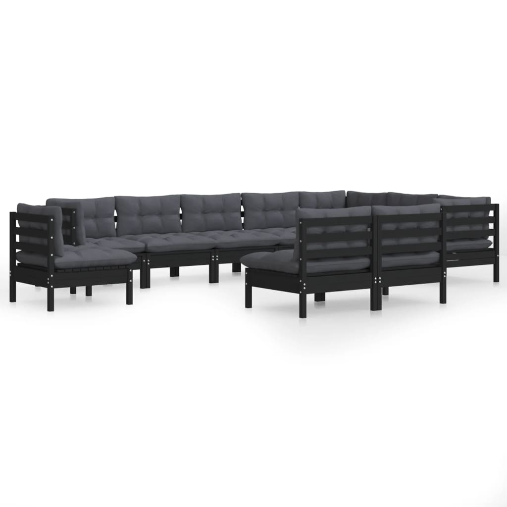 10 Piece Garden Lounge Set with Cushions Black Solid Pinewood