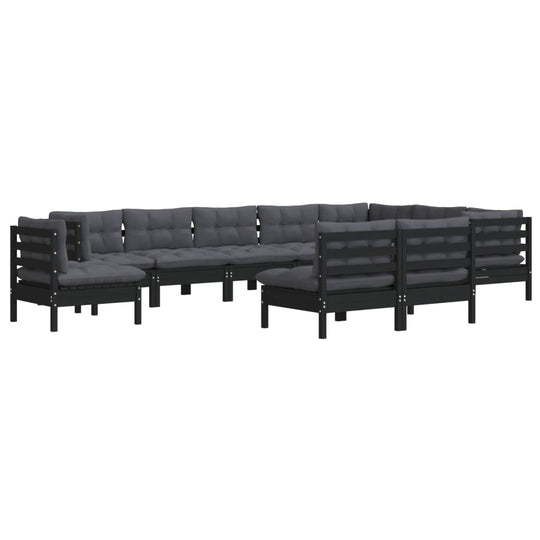 10 Piece Garden Lounge Set with Cushions Black Solid Pinewood