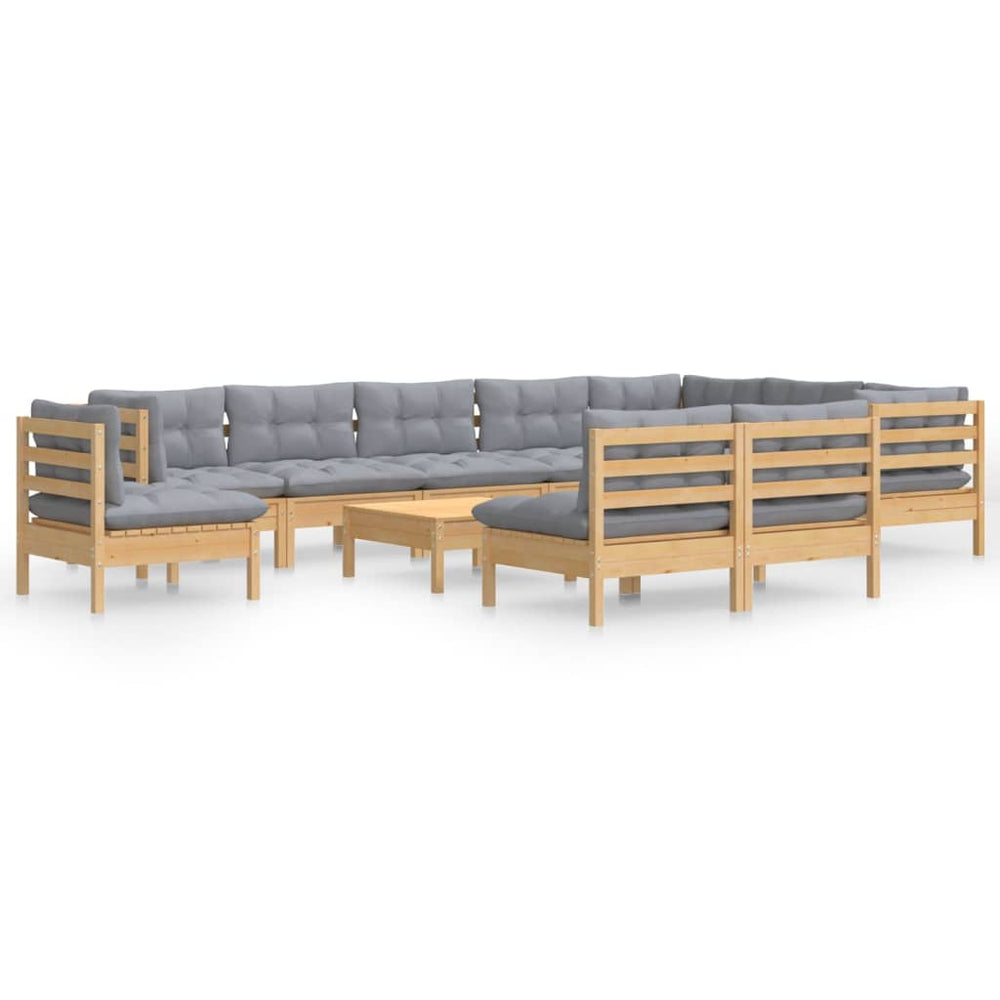 11 Piece Garden Lounge Set with Grey Cushions Solid Pinewood