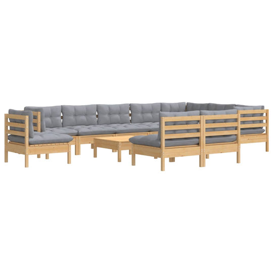 11 Piece Garden Lounge Set with Grey Cushions Solid Pinewood