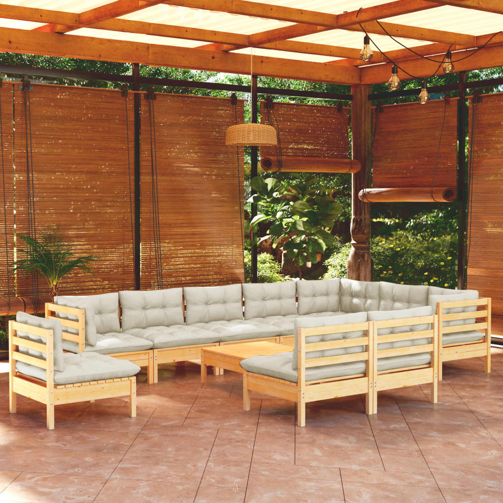 11 Piece Garden Lounge Set with Cream Cushions Solid Pinewood