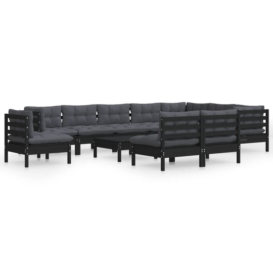 11 Piece Garden Lounge Set with Cushions Black Solid Pinewood