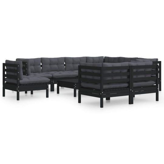 10 Piece Garden Lounge Set with Cushions Black Solid Pinewood