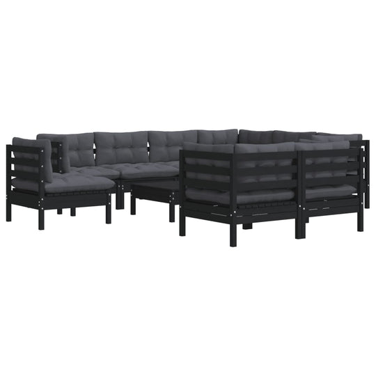 10 Piece Garden Lounge Set with Cushions Black Solid Pinewood