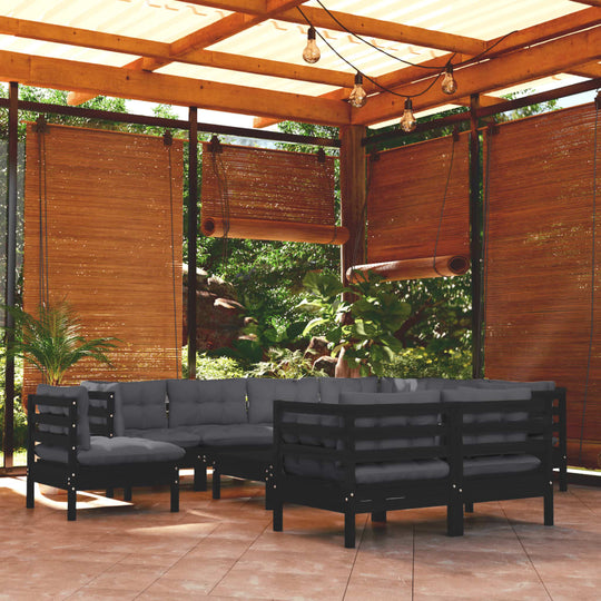 10 Piece Garden Lounge Set with Cushions Black Solid Pinewood