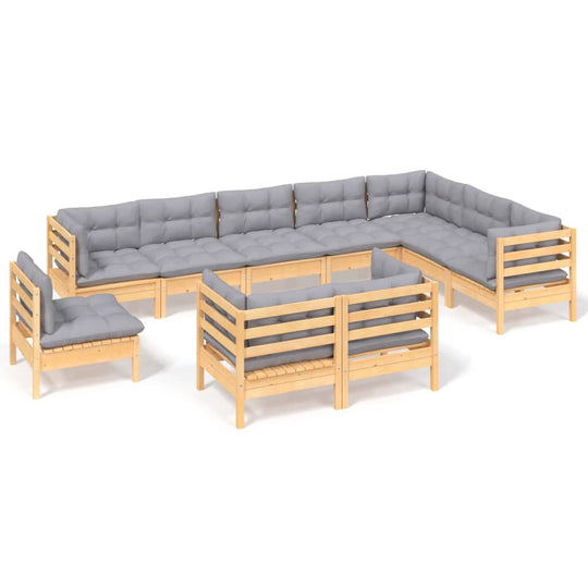 10 Piece Garden Lounge Set with Grey Cushions Solid Pinewood