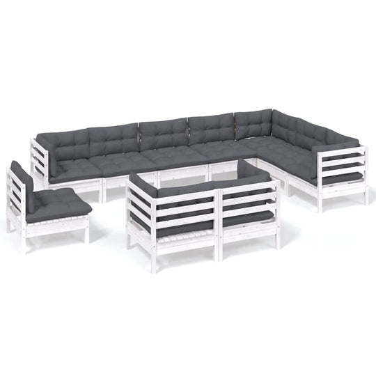 10 Piece Garden Lounge Set with Cushions White Solid Pinewood