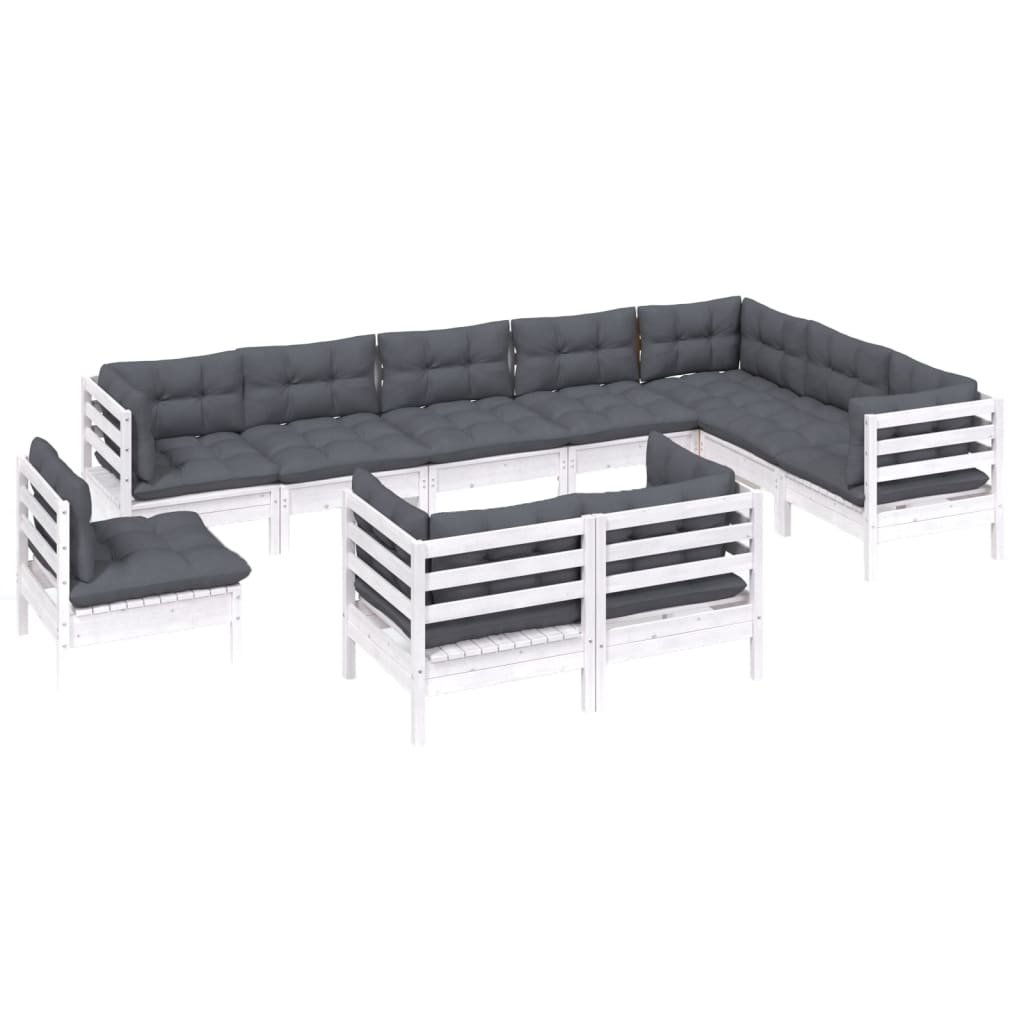 10 Piece Garden Lounge Set with Cushions White Solid Pinewood