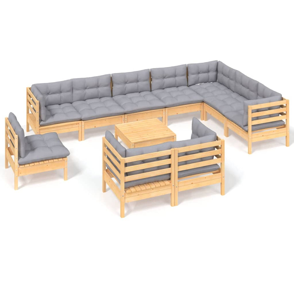 11 Piece Garden Lounge Set with Grey Cushions Solid Pinewood